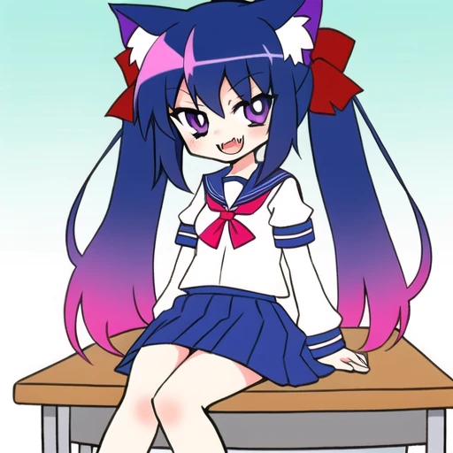 girl, cat girl, cat ears, gradient hair, blue hair, pink hair, school uniform, blue skirt, white serafuku, purple eyes, twintails, long hair, hair bow, sitting on desk, fangs, mary janes, tsurime <lora:pantyAndStocking_v1:.5>
