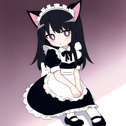 1girl, cat ears, cat_girl, maid, black hair, black_dress, frills, maid apron, striped legwear, mary janes, maid headdress, slit pupils, sitting on floor, <lora:pantyAndStocking_v1:.5>