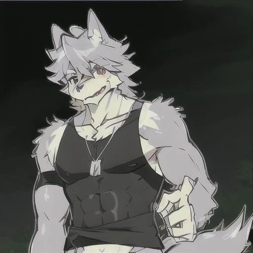<lora:KouyaSimp:.8> <lora:pantyAndStocking_v1:.8> husky, 1boy, tank top, penis upload on e621, by Michael & Inessa Garmash,Ruan Jia, Pino Daeni, chunie, darkgem, anthro, male, ((( detailed fluffy fur))), detailed realistic painting, solo, (((shaded))) extreme detail, wolf,(stand),(low-angle view),clothing,(translucent underwear),looking down,nipple, half body, detailed background, (pecs), (bulge)