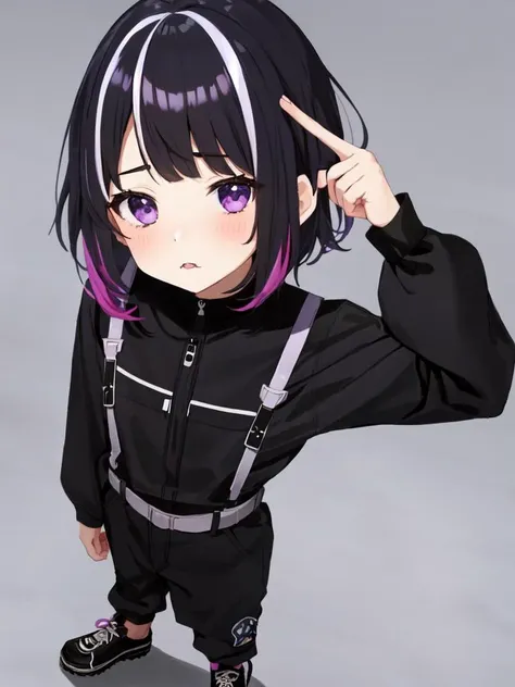 kawaii petit child childish 1girl 8years old shiny hair, skindantation flat chest

brown eyes, 

bright purple hair, 
 short hair , 
top not, 
 streaked hair , 
asymmetrical bangs, 
 sideburns , 

wavy mouth, 
 , 
 head_tilt standing  

 black jumpsuit  full brogue, 

index finger raised, looking up, Disney land