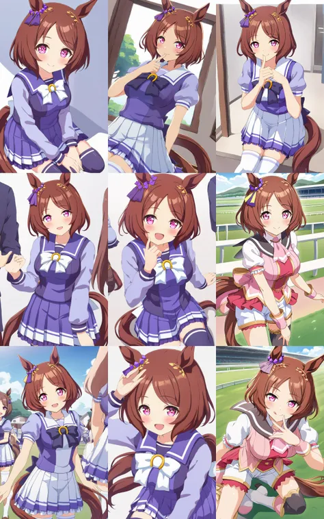 1girl, SakuraLaurel <lora:sdxl-um-sakura:0.6> kuudere, horse girl, horse ears, horse tail, shiny hair, light brown hair, pixie cut, center parted bangs, pinkred eyes, symbol in eye, hair ornament, medium breasts, skindentation +++ { multicolored wear, puffy short sleeves, closed mouth, pink shirt, white shirt, pink wrist cuffs, white shorts, sailor coller, black thighhighs, single thighhigh, white knee boots, asymmetrical footwear, high heel boots, pink neckerchief, pink back bow, turf, race track | <lora:_sdxl-um-trauniform:0.7> __tracenuni__, school }, { smile, finger to mouth | :D | __facialS__ }, extremely quality extremely detailed, illustration, cute anime face