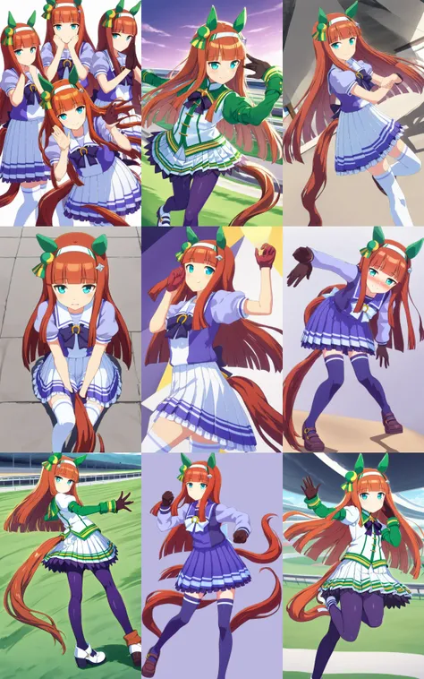 1girl, <lora:sdxl-um-suzuka:0.7> SilenceSuzuka, horse girl, green horse ears, green ear covers, horse tail, turquoise eyes, flat chest, slender, hime-cut, orange long hear, blunt bangs, shiny hair, white hearband, hair ornament, drakpurple gloves +++ { puffy sleeves, darkpurple pantyhose, green long_sleeve_shirt, drakpurple bowtie, pleated skirt, white skirt, asymmetrical footwear, mismatched footwear, white footwear, turf, race track | <lora:_sdxl-um-trauniform:0.7> __tracenuni__, school }, __facialS__, __view__, __look__, __shots__, __lightingS__, contrapposto, dynamic pose, extremely quality extremely detailed, illustration, cute anime face