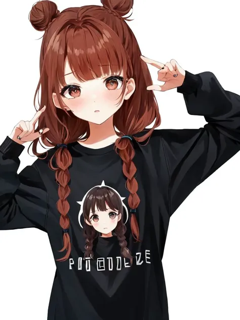 kawaii petit child childish 1girl 8years old shiny hair, skindantation flat chest

brown eyes, 

bright red hair, 
 long hair , 
braided bun, 
 wavy hair , 
hair over eyes, covered eyes, blunt bangs, 
 sideburns , 

staring, 
 embarrassed , 
  

 silver overall, indigo T-shirt  trainers, 

claw pose, looking afar, Sapporo