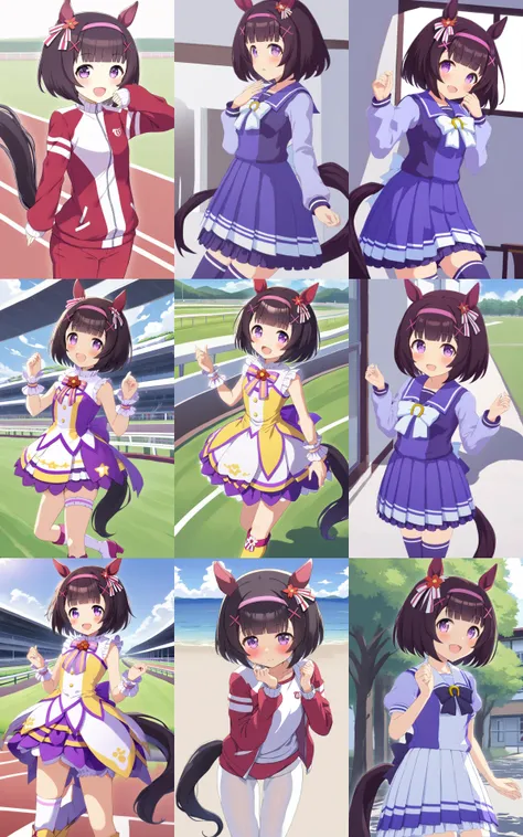 1girl, NishinoFlower, <lora:sdxl-um-nishino:0.6> petite horse girl, purple eyes, horse ears, horse tail, black hair, short hair, blunt bangs, x hair ornament, pink hairband, flat chest, skindentation +++ { sleeveless yellow dress, multicolored dress, purple dress, white dress, wrist cuffs, purple back bow, bridal garter, yellow footwear, high heel boots, turf, race track | <lora:_sdxl-um-trauniform:0.8> __tracenuni__, school | <lora:_sdxl-um-tracenjersey:0.6>, __TracenJerseyTop__, __TracenJerseyBottom__, { track | beach } }, { :D | __facialS__ }