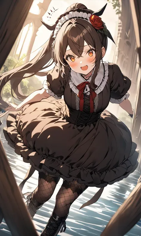 extremely quality extremely detailed, illustration, contrapposto, cute anime face cinematic lighting cinematic angle, lower eyelashes eyelashes, eyeliner, Gothic Frilled dress, long skirt, Headdress, bowknot, hair ornament, hair flower, black fishnet_pantyhose, garter straps, Lace, cross-laced footwear, frilled blouse, ribbon-trimmed sleeves, puffy sleeves, bloomers, River of the Dead
amber eyes , 
dark brown hair, 
long hair , 
ponytail, 
streaked hair , 
crossed bangs, 
hair flaps , 
Excited, 
blush , 
+++, cowboy shot, looking to the side, toward the buttocks