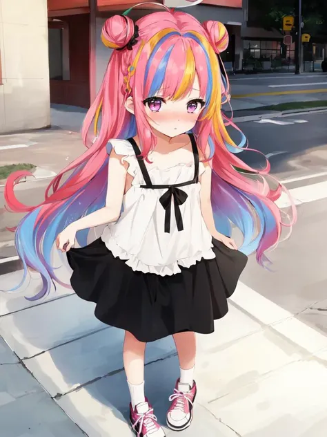 kawaii it chi 1girl 8years old shinhair, skindantation flat chest
hazel eyes,
clear multicolored hair,
very long hair ,
single hair bun,
streaked hair ,
asymmetrical bangs,
sideburns ,
angry,
nose blush ,
black sundress, white blouse sneakers,
own hands together, looking up, Disney land