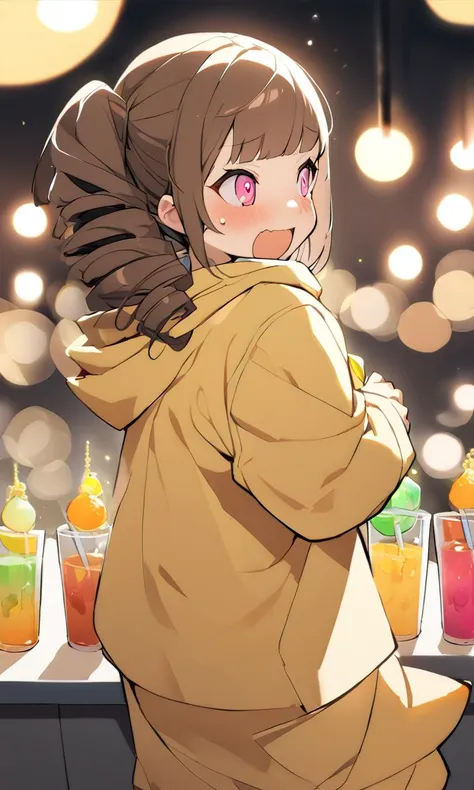 1girl, childish . small beasdt , skindantation,
pink eyes odd eyes , 
deep brown hair, 
long hair , 
spiralcurl, 
drill hair , 
bangs, 
sideburns , 
Rejoicing, 
embarrassed , 
yellow kigurumi  slouch socks combat boots,
 Profile Shot, looking ahead,  , Drink stand bokeh, depth of field