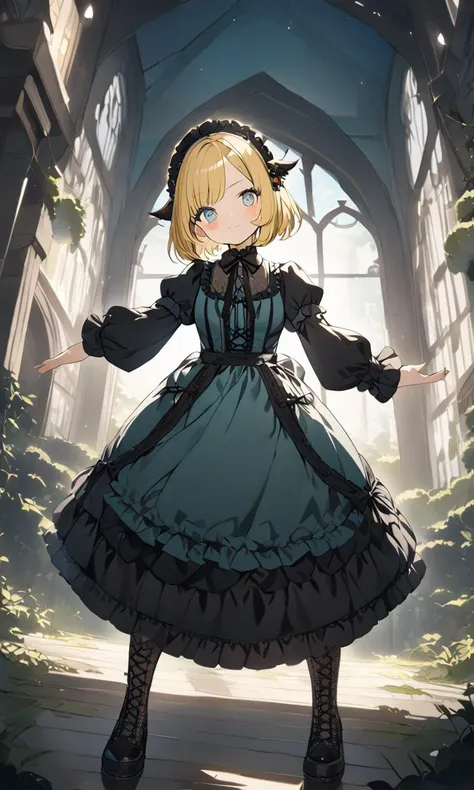 extremely quality extremely detailed, illustration, contrapposto, cute anime face cinematic lighting cinematic angle, lower eyelashes eyelashes, eyeliner, Gothic Frilled dress, long skirt, Headdress, bowknot, hair ornament, hair flower, black fishnet_pantyhose, garter straps, Lace, cross-laced footwear, frilled blouse, ribbon-trimmed sleeves, puffy sleeves, bloomers, Cursed Garden
turquoise eyes , 
transparency yellow hair, 
short hair , 
pixie cut, 
streaked hair , 
asymmetrical bangs, 
hair flaps , 
;8, 
blush_stickers , 
head_tilt standing  
+++, Dutch Angle/Dutch TiltAfullbody, looking ahead, From a Distance