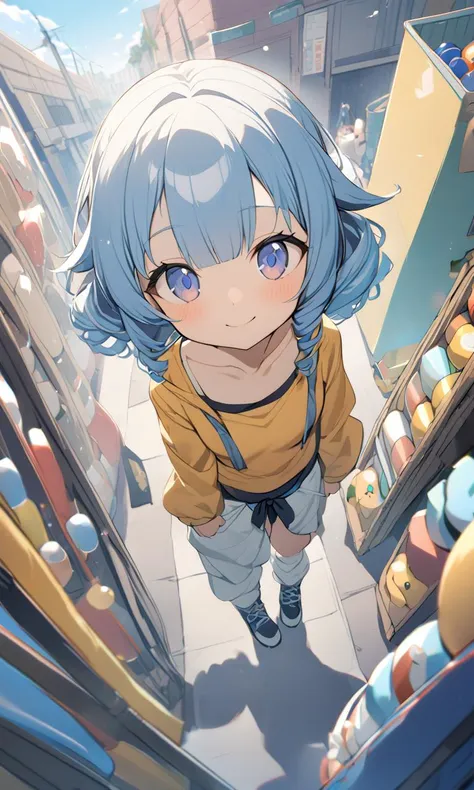 1girl, child . medium breast , skindantation,
indigo eyes , 
clear sky blue hair, 
short hair , 
side braid, 
drill hair , 
hair over eyes, covered eyes, blunt bangs, 
hair flaps , 
Buoyant Smile, 
, 
aqua cycle-wear  loose socks ankle boots,
 Birdfs Eye View, looking up,  hip focus, Toy vendor bokeh, depth of field