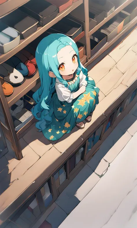 1girl, young . small beasdt , skindantation,
orange eyes , 
vivid turquoise hair, 
very long hair , 
hair slicked back, 
wavy hair , 
diagonal bangs, 
sideburns , 
;o, 
, 
head_tilt standing  
pale starry print smock green long skirt  thighhighs Moccasins,
 wide shot from above sitting, look up to,  From a Distance, Clothing store bokeh, depth of field