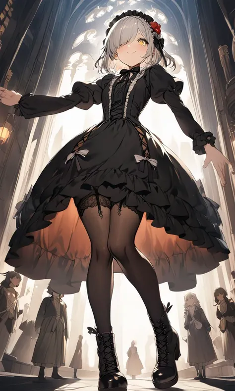 extremely quality extremely detailed, illustration, contrapposto, cute anime face cinematic lighting cinematic angle, lower eyelashes eyelashes, eyeliner, Gothic Frilled dress, long skirt, Headdress, bowknot, hair ornament, hair flower, black fishnet_pantyhose, garter straps, Lace, cross-laced footwear, frilled blouse, ribbon-trimmed sleeves, puffy sleeves, bloomers, Temple of Darkness
yellow eyes , 
deep silver hair, 
medium hair , 
french braid, 
streaked hair , 
hair over one eye, 
hair flaps , 
kind smile, 
embarrassed , 
+++, face to tiptoe, looking up, toward the buttocks