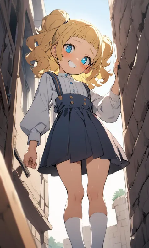 1girl, childish . flat chest , skindantation,
blue eyes odd eyes , 
clear yellow hair, 
medium hair , 
afro twin tail, 
wavy hair , 
bangs, 
sideburns , 
Smiling, 
embarrassed , 
head_tilt standing  
gradient pinafore dress, white blouse  high socks bare feet,
 Wormfs Eye View, look up to,  bare legs soles focus, Ancient Wall bokeh, depth of field