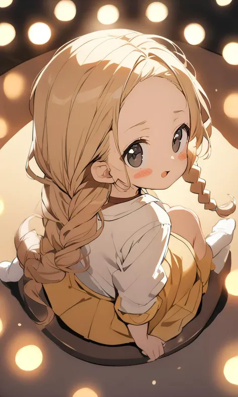 1girl, child . flat chest , skindantation,
black eyes , 
deep amber hair, 
very long hair , 
twin braids, 
wavy hair , 
hair pulled back, 
sideburns , 
Rejoicing, 
blush_stickers , 
blond jumper dress, white blouse  socks Monk straps,
 wide shot from above sitting, looking back,  From Front, Arena bokeh, depth of field