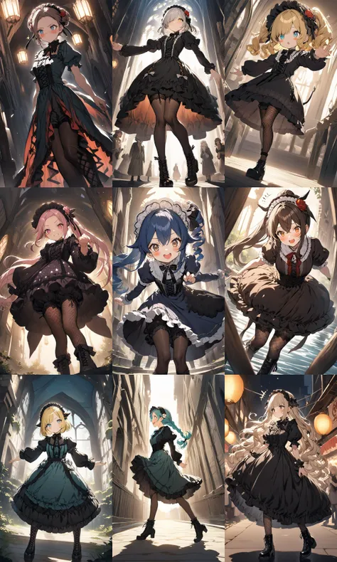 extremely quality extremely detailed, illustration, contrapposto, cute anime face cinematic lighting cinematic angle, lower eyelashes eyelashes, eyeliner, Gothic Frilled dress, long skirt, Headdress, bowknot, hair ornament, hair flower, black fishnet_pantyhose, garter straps, Lace, cross-laced footwear, frilled blouse, ribbon-trimmed sleeves, puffy sleeves, bloomers, __sceneG__
__colors__ eyes {|| odd eyes }, 
__strength__ __colors__ hair, 
{ short hair | long hair | medium hair | very long hair }, 
__hairA__, 
{ streaked hair | drill hair | wavy hair }, 
__bangs__, 
{ sideburns | hair flaps }, 
__facial__, 
{ | embarrassed | blush | nose blush | blush_stickers }, 
{ | head_tilt standing } 
+++, __shots__, __look__, __view__