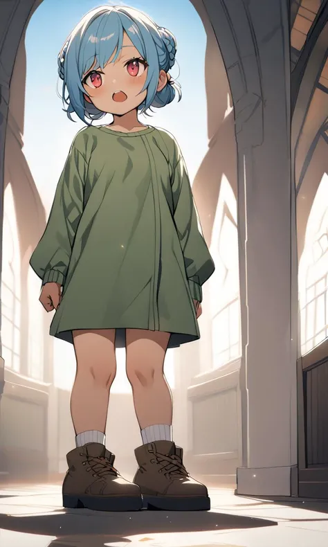 1girl, . medium breast , skindantation,
vermilion eyes ,
pale blue hair,
short hair ,
braided bun,
streaked hair ,
asymmetrical bangs,
sideburns ,
:D upper teeth disgusted eyes,
,
head_tilt standing
green jumper dress, white blouse ankle socks platform boots,
Establishing Shot, looking afar, between the legs, Old Church bokeh, depth of field