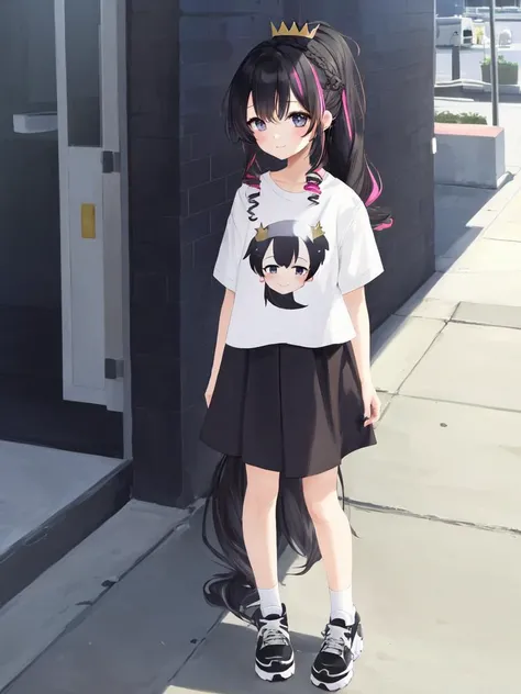 kawaii petit child childish 1girl 8years old shiny hair, skindantation flat chest

black eyes, 

- hazel hair, 
 long hair , 
ponytail, 
 drill hair , 
crown braid bangs, 
 hair flaps , 

kind smile, 
 blush , 
  

 gradient overall, multicolored T-shirt  shoes, 

pray hand on hip, looking afar, wharf luxury liner fog