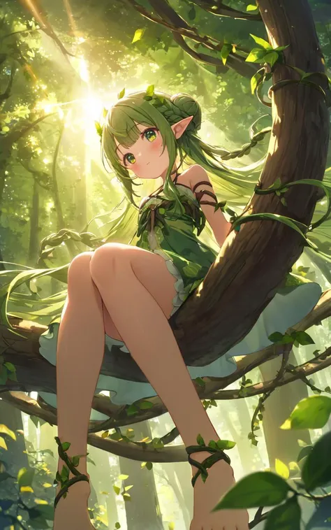 extremely quality extremely detailed, illustration, cute anime face, 1girl, teen , flat chest , skindentation, forest spirit, lop-eared mini pointy ears,  vine crown , short antlers, body vines strap, thigh vines strap, arm vines strap, green eyes, bright green hair, very long hair, short hair, short ponytail, hair over one eye, braided hair, floating hair, vines, clear green leaf dress leaf arms cover, turquoise fingernails, green leaf veil , :p, smile, +++ heart hands ,between the legs, looking at another, Birdfs Eye View, contrapposto, dynamic pose, cinematic lighting, rock crevice, forest, , river , floating hair, florting leaves blooma, nighttime, night, Gaslight, moon light, sight light, perfect darkness, perfect shadow