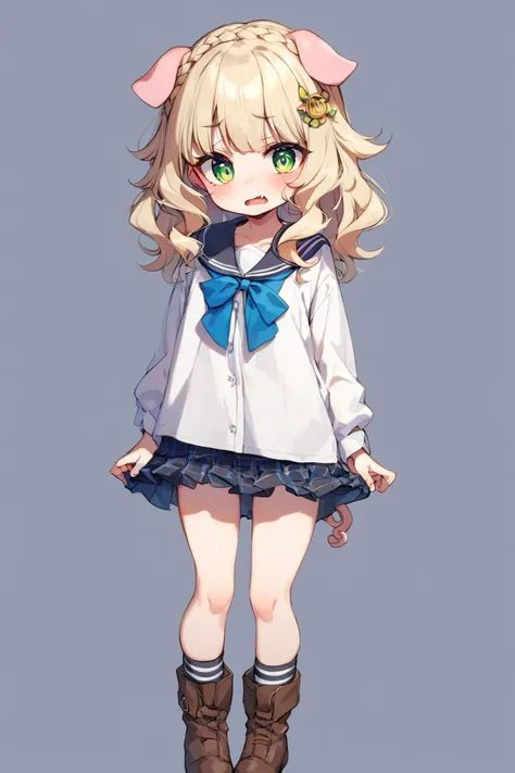 score_9, score_7_up, source_anime, source_furry, 1girl, young , small beasts , skindentation, +++ deep green eyes odd eyes , light blond hair, medium hair , crown braid, long hair, wavy hair , one eye visible through hair, hair flaps , embarrassed ,  +++ kid, petite, flat cheast, pig ears, pig tail, pig legs beastman girl, bright gray sailor shirt, blue ribbon iridescence checked skirt, drawers  slouch socks short boots , fang, Jubilant