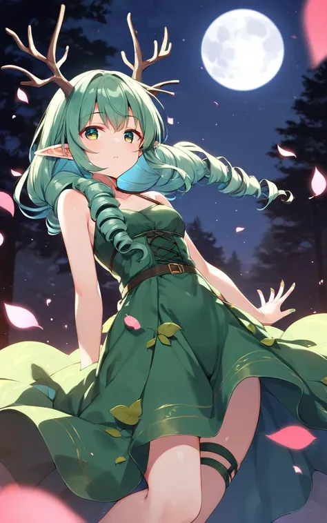 spirit, pointy ears, antlers, thigh vines strap, shiny skin, green eyes, green hair, hair spread out, drill hair, low twintail, bangs, braided hair, floating hair, vines, leaf dress, amber fingernails, dancing petals, forest, , , floating hair, florting leaves blooma, score_9, score_7_up, source_anime, motercycle , Ferry, nighttime, night, serenity, perfect shadow, deep shadows, bokeh, depth of field half moon, shadow night, half moon