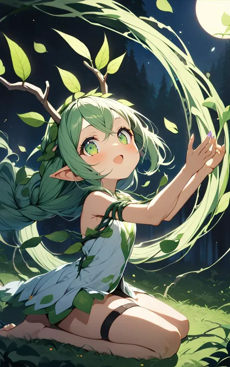 extremely quality extremely detailed, illustration, cute anime face, 1girl, petite , flat chest , skindentation, forest spirit, lop-eared mini pointy ears,  vine crown , short antlers, body vines strap, thigh vines strap, arm vines strap, green eyes, - green hair, very long hair, braided ponytail, shot hair, crossed bangs, braided hair, floating hair, vines, clear green leaf dress leaf arms cover, purple fingernails, , Jubilant, +++ sitting in seiza ,from side, look up to, portrait, contrapposto, dynamic pose, cinematic lighting, sunlit mountain, forest, wind , , floating hair, florting leaves blooma, nighttime, night, Gaslight, moon light, sight light, perfect darkness, perfect shadow