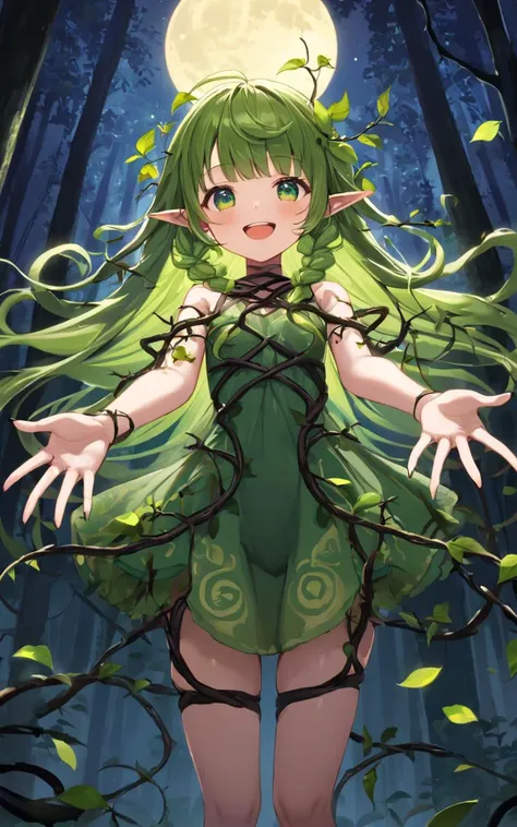 extremely quality extremely detailed, illustration, cute anime face, 1girl, young , small beasts , skindentation, forest spirit, lop-eared mini pointy ears,  vine crown , short antlers, body vines strap, thigh vines strap, arm vines strap, green eyes, transparency green hair, very long hair, curly hair, swept bangs, braided hair, floating hair, vines, bright green leaf dress leaf arms cover, black fingernails, , Bashful, +++ smile, large open mouth, fang, upper teeth, spread hands own cheeks ,POV, looking up, Wormfs Eye View, contrapposto, dynamic pose, cinematic lighting, nighttime insect sounds, forest, wind , , floating hair, florting leaves blooma, nighttime, night, Gaslight, moon light, sight light, perfect darkness, perfect shadow