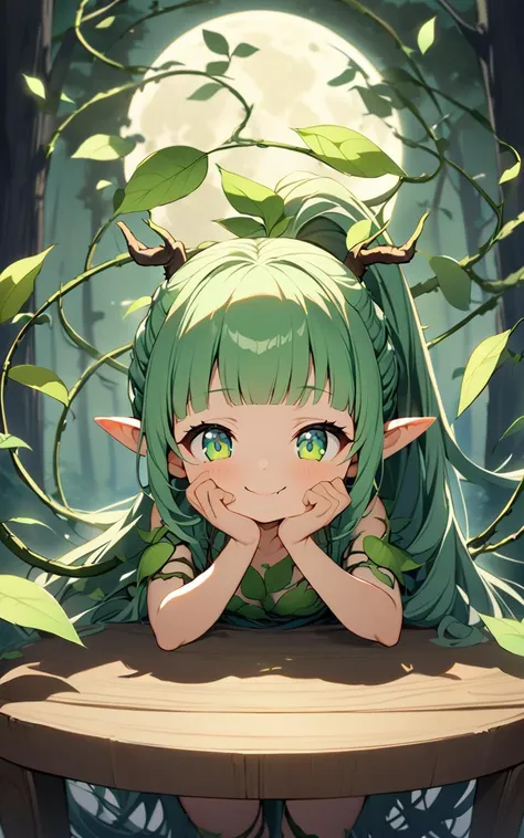 extremely quality extremely detailed, illustration, cute anime face, 1girl, child , medium breasts , skindentation, forest spirit, lop-eared mini pointy ears,  vine crown , short antlers, body vines strap, thigh vines strap, arm vines strap, green eyes, bright green hair, very long hair, ponytail hair, slicked back hair, blunt bangs, braided hair, floating hair, vines, deep green leaf dress leaf arms cover, sky blue fingernails, leaf pasties , smile, fang, +++ head rest on table, Sitting in a chair POV ,From a Distance, looking down, Wormfs Eye View, contrapposto, dynamic pose, cinematic lighting, moon halo, forest, , river , floating hair, florting leaves blooma, nighttime, night, Gaslight, moon light, sight light, perfect darkness, perfect shadow