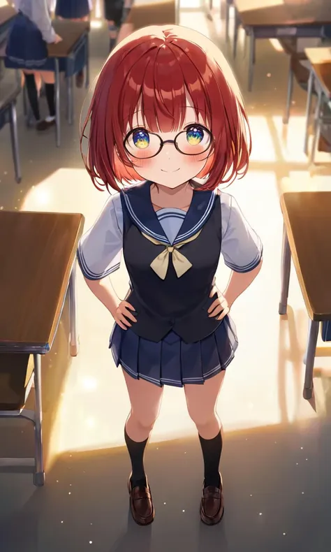 ï»¿ï»¿1girl, opaque_glasses , cute petite , medium breast , starry print eyes, ,  red hair, medium hair , A-line bob cut hair, drill hair , hair over eyes, covered eyes, blunt bangs, hair flaps , blush , , serafuku , navy  mini  pleated skirt, black  vest , high socks, loafers , , Hands on hips ,ï»¿between the legs, look up to, Overhead Shot, contrapposto, dynamic pose, Smiling, cover mouth with hands, background[ school, school stairs , classroom, tables, chiars , Crowds, bustle, congestion. Bottom Light, bokeh, depth of field, Crowds, bustle, congestion, daytime, morning light, whitish light, sunlight, bokeh, depth of field, strong light, coming in light, rays light, sparkles, lens flare, cinematic lighting, +++ arm support, ï»¿bare legs soles focus, looking afar, Establishing Shot, cinematic lighting