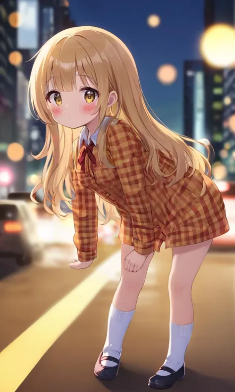 1girl, cute petite . medium breast , skindantation,
blond eyes ,
- burgundy hair,
long hair ,
hair spread out,
wavy hair ,
__bangs__,
sideburns ,
;>,
blush_stickers ,
clear orange gingham check collared shirt sky blue __bottoms__  __socks__ __shoes__,
face to tiptoe, looking down, reaching out, City cars Headlights Tail lamps Traffic jam Bill bokeh, depth of field