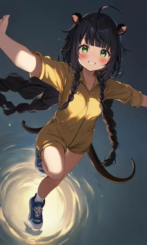 +++ spread arms, ï»¿Overhead view, looking up, full body, cinematic lighting, ï»¿ï»¿1girl, teen , ï»¿deep green eyes , dark ï»¿black hair, medium hair , pixie cut, wavy hair , asymmetrical bangs, ï»¿singlelock, , , medium breasts , lips , skindentation, +++ ï»¿deep hazel eyes , transparency indigo hair, very long hair , twin braids, drill hair , blunt bangs, hair flaps, ,  +++ ???, petite, flat cheast, water buffalo ears, water buffalo tail, water buffalo legs beastman girl, blond jumpsuit  slouch socks platform sneakers , fang, embarrassed nose blush smile, extremely quality extremely detailed, illustration, cute anime face