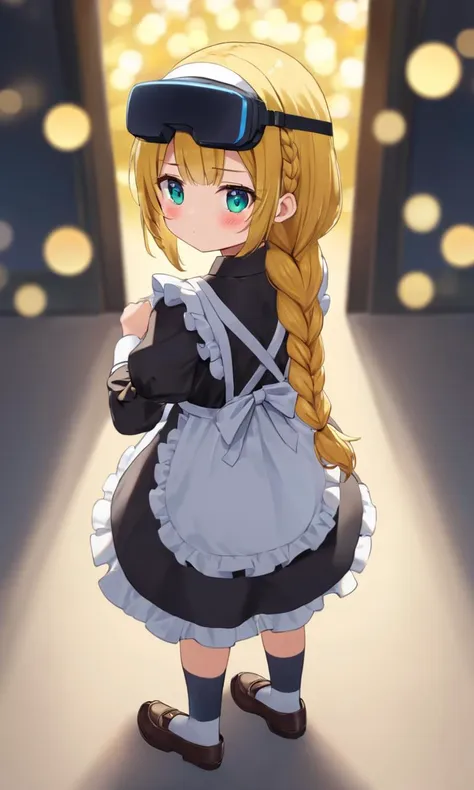 1girl, petite . flat chest , skindantation,
aqua eyes ,
deep yellow hair,
long hair ,
crownedbraid, medium hair,
drill hair ,
__bangs__,
sideburns ,
serious,
blush_stickers ,
head_tilt standing 
blue classic long maid  __socks__ __shoes__,
Aerial Shot, looking back, hand focus, VR Center bokeh, depth of field