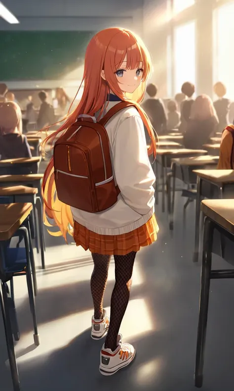 ï»¿ï»¿1girl, , teen , flat chest , gray eyes, ,  coral hair, very long hair , hime cut, streaked hair , ï»¿swept bangs, hair flaps , , head_tilt , jumper dress , orange  knee-length  pleated skirt, white  vest , fishnet tights, sneakers , orange backpack , arms behind back ,ï»¿POV, looking afar, Low Angle, contrapposto, dynamic pose, smirk, background[ school, school stairs , classroom, tables, chiars , Crowds, bustle, congestion. Catch Light, bokeh, depth of field, Crowds, bustle, congestion, daytime, morning light, whitish light, sunlight, bokeh, depth of field, strong light, coming in light, rays light, sparkles, lens flare, cinematic lighting, +++ Lying on back Thumbs up, ï»¿From Up, look up to, full body, cinematic lighting