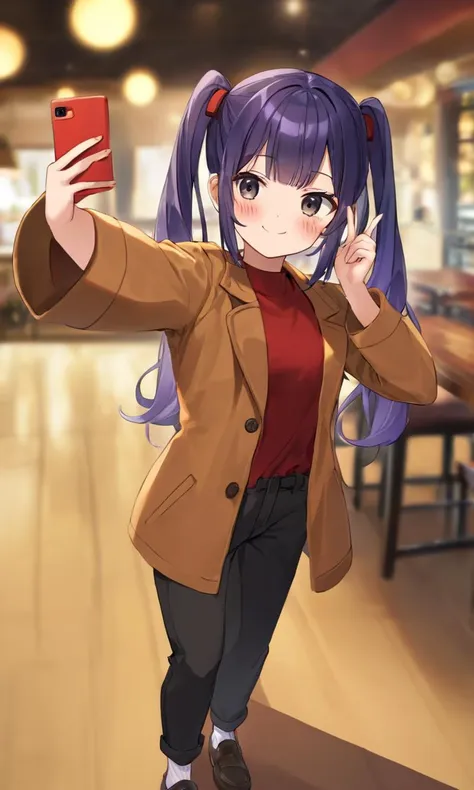 1girl, young . small beasdt , skindantation,
ï»¿black eyes ,
ï»¿- indigo hair,
medium hair ,
twin tails hair, slicked back hair,
wavy hair ,
__bangs__,
hair flaps ,
smug,
blush_stickers ,
amber tailcoat, long pants  __socks__ __shoes__,
full body, ï»¿looking at viewer, selfie solo focus wide shot, Greek Restaurant bokeh, depth of field