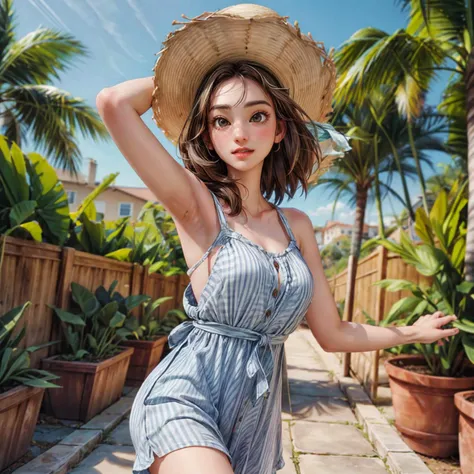 photograph of white brunette brown eyes woman with highly detailed face abby shapiro dancing in a striped sundress and straw hat, masterpiece, best quality <lora:Abby_Shapiro_v1:1>  <lora:add_detail:1>  <lora:Loraeyes_V1:0.2>