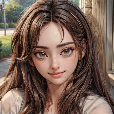 photograph of white brunette brown eyes woman with highly detailed face abby shapiro sitting smiling on the porch, masterpiece, best quality <lora:Abby_Shapiro_v1:1> <lora:add_detail:1> <lora:Loraeyes_V1:0.2>