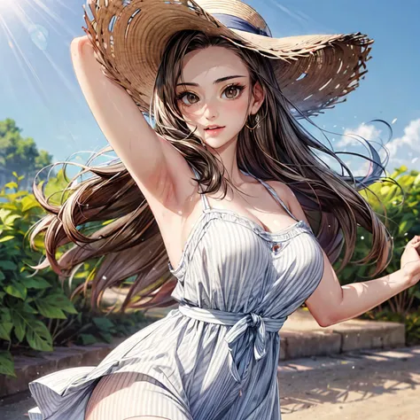 photograph of white brunette brown eyes woman with highly detailed face abby shapiro dancing in a striped sundress and straw hat, masterpiece, best quality <lora:Abby_Shapiro_v1:1>  <lora:add_detail:1>  <lora:Loraeyes_V1:0.2>