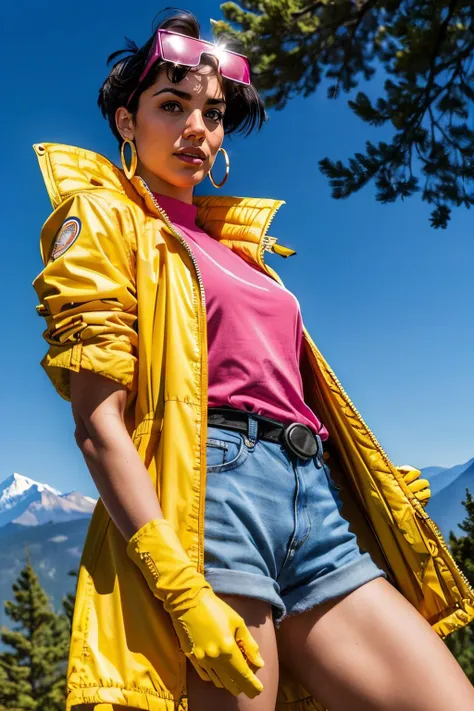 jubilee, short black hair, brown eyes, purple shades on head, hoop earrings, denim shorts,open yellow jacket,blue gloves, pink shirt, looking at viewer, serious, standing, outside, park, trees, mountain, blue sky, high quality, masterpiece <lora:jubilee:.8>