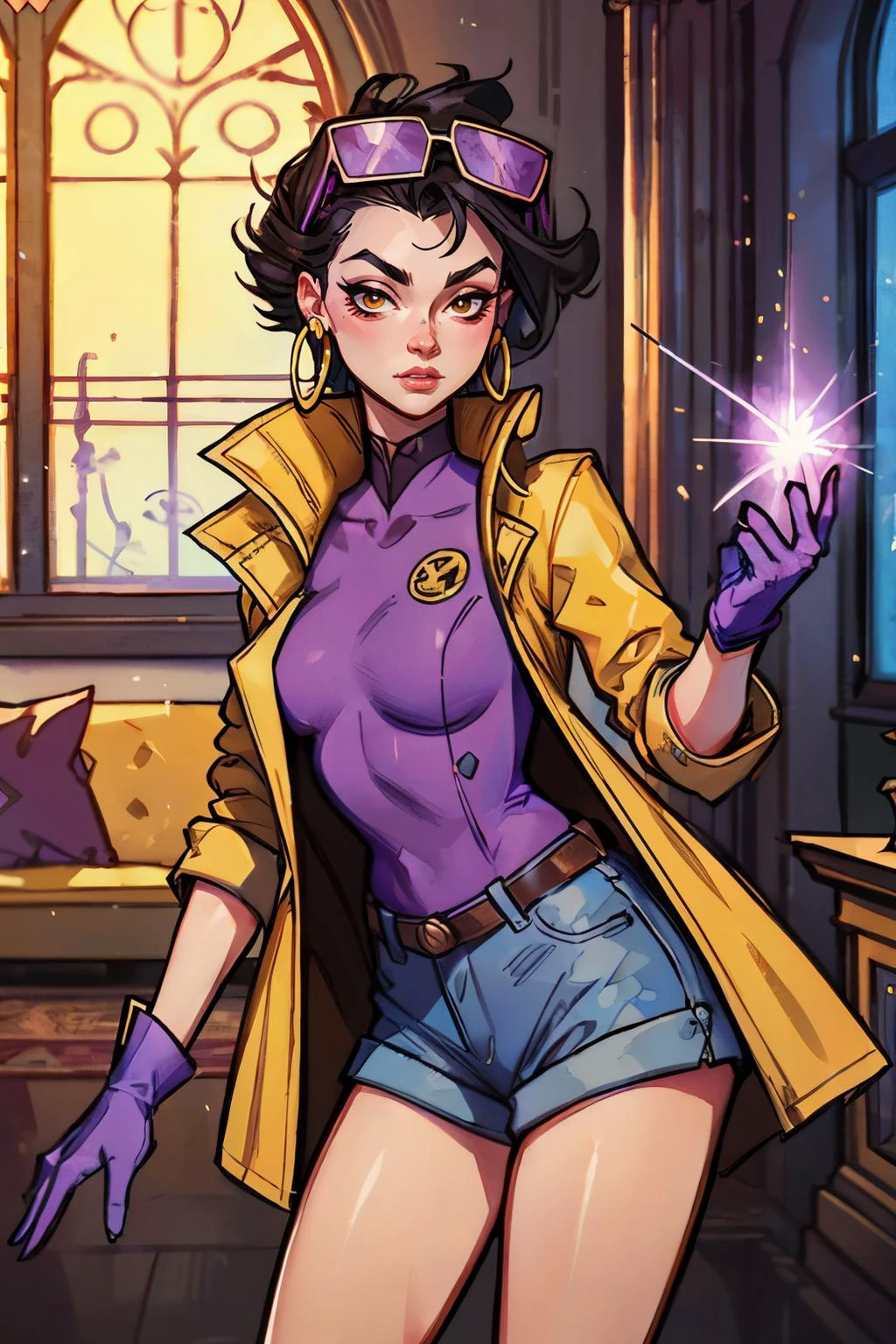 jubilee, short black hair, brown eyes, purple shades on head, hoop earrings, denim shorts,open yellow jacket,blue gloves, pin shirt, looking at viewer, serious, standing, holding energy spell, purple aura, purple energy, inside fancy mansion living room, warm, ambiance, high quality, masterpiece <lora:jubilee:.8>