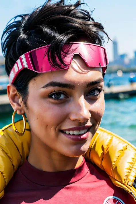 jubilee, short black hair, brown eyes, purple shades on head, hoop earrings,open yellow jacket, pink shirt, looking at viewer, smiling, close up, outside, cityscape, ocean, sunny,  high quality, masterpiece <lora:jubilee:.8>