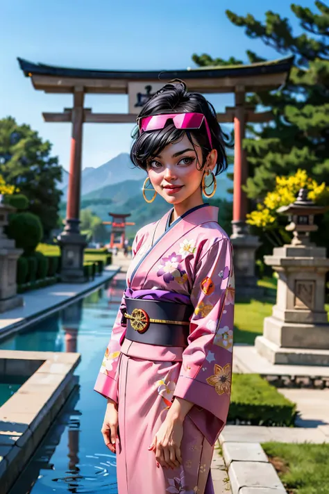 jubilee, short black hair, purple shades on head, hoop earrings, traditional kimono, sash, long sleeves, looking at viewer, serious, smiling, standing, outside, garden, red torii, pond, mountain, sunlight, high quality, masterpiece <lora:jubilee:.8>