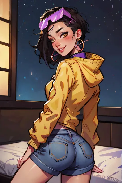 jubilee, short black hair, brown eyes, purple shades on head, hoop earrings,yellow jacket, denim shorts, looking at viewer, serious, smiling, blush, leaning on bed, from_behind, ass, inside fancy bedroom, window, night time, high quality, masterpiece <lora:jubilee:.8>