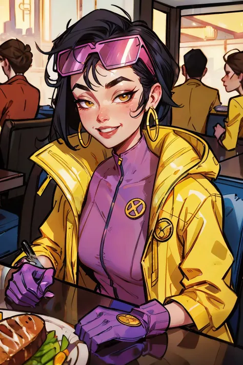 jubilee, short black hair, brown eyes, purple shades on head, hoop earrings,open yellow jacket,blue gloves, pin shirt, looking at viewer, smiling, happy, sitting, upper body shot, behind table, inside diner, table full of food, steak, vegetables, disposable cup, steam, high quality, masterpiece <lora:jubilee:.8>