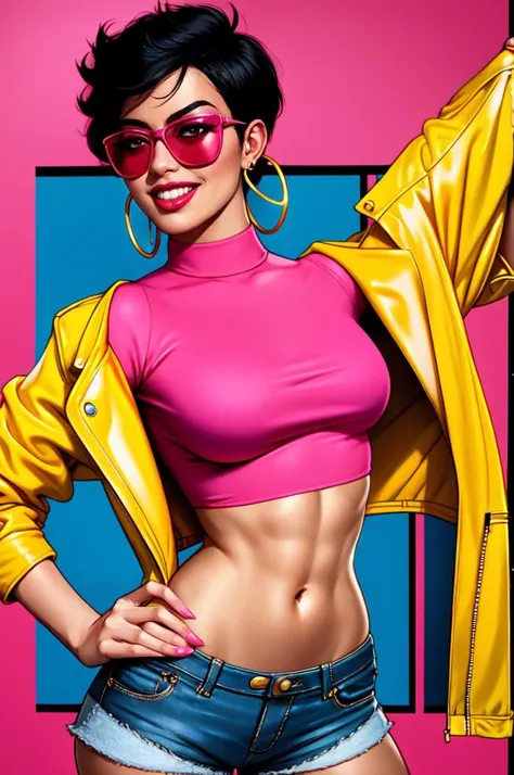 jubilee,lipstick,smile,realistic,short black hair with pink highlights,hoop earrings,looking at viewer,sunglasses,medium breasts,shorts,navel,yellow jacket,makeup,<lora:jubilee:0.5>