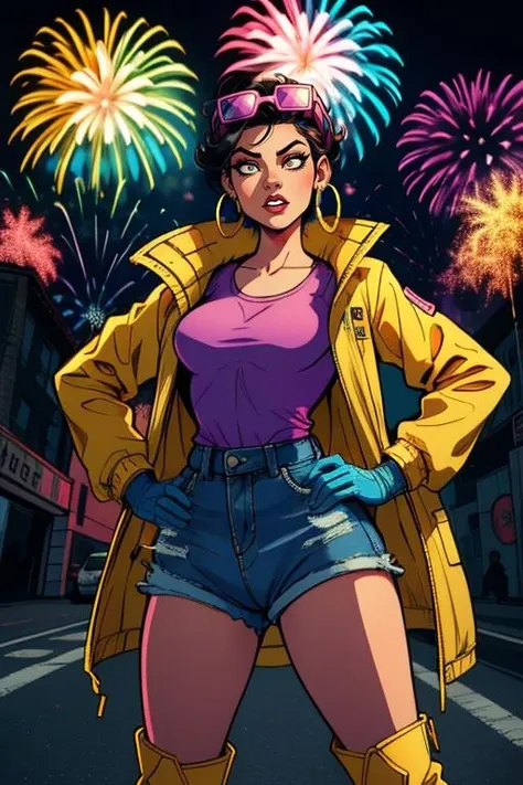 jubilee,short black hair,brown eyes, solo, standing, hands on hips, upper body, short hair,
jubJak, denim shorts , open yellow jacket, purple shades on head, hoop earrings ,blue gloves, pink shirt, blue boots,
streets, fireworks, retro,
(insanely detailed, beautiful detailed face, masterpiece, beautiful detailed eyes, best quality)
<lora:jubilee-10v3:0.7>