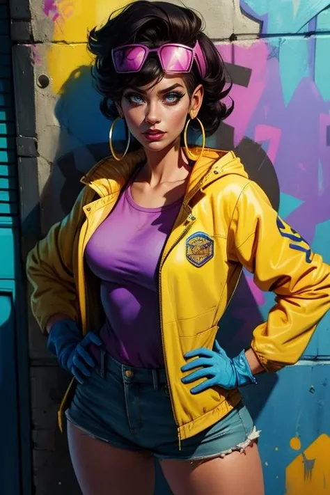 jubilee,short black hair,brown eyes, solo, standing, hands on hips, upper body, close up,
jubJak, denim shorts , open yellow jacket, purple shades on head, hoop earrings ,blue gloves, pink shirt, blue boots,
streets, chain fence, wall with graffiti, retro,
(insanely detailed, beautiful detailed face, masterpiece, beautiful detailed eyes, best quality)
<lora:jubilee-10v3:0.7>