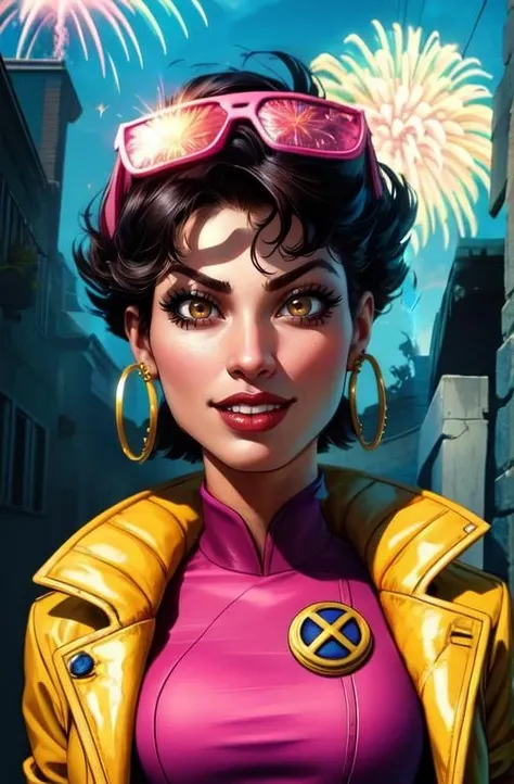 Jubilee,short black hair,brown eyes,solo,standing,cowboy shot, light smile,
denim shorts,open yellow jacket,purple shades on head,hoop earrings,blue gloves,pink shirt,(blue gloves:1.3),
streets,chain fence,wall with graffiti,retro,cleavage,
(insanely detailed, beautiful detailed face, masterpiece, beautiful detailed eyes, best quality),
<lora:jubilee-10v8:0.8>,