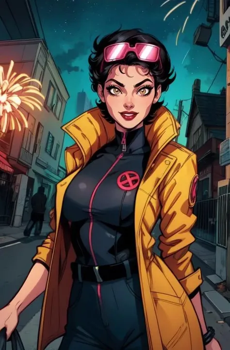 Jubilee,short black hair, brown eyes, solo, standing, cowboy shot, shades on head,
open yellow jacket, black body suit, smile,
streets, chain fence, fireworks, retro, night,
(insanely detailed, beautiful detailed face, masterpiece, beautiful detailed eyes, best quality)
<lora:jubilee-10v8:0.8>
