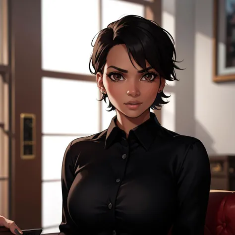 Best_QualityPos, RAW photo, intricate details, best quality, 8k uhd, soft lighting, 1girl, solo, halle berry, brown eyes, black hair, short hair, dark skin, black collared shirt <lora:Halle_Berry:0.5> <lora:backlight_slider_v10:-0.5>