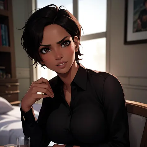 Best_QualityPos, RAW photo, intricate details, best quality, 8k uhd, soft lighting, 1girl, solo, halle berry, brown eyes, black hair, short hair, dark skin, black collared shirt <lora:Halle_Berry:0.5> <lora:backlight_slider_v10:-0.5>