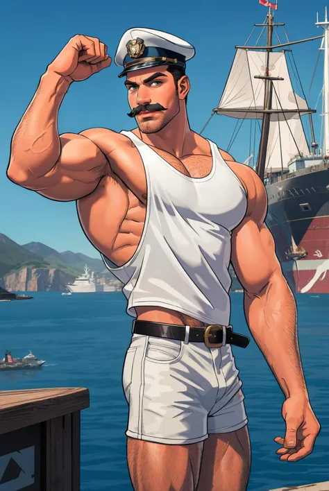 1 male, sexy vintage american pinup, mustache, patriotic backdrop, sailor attire, flexing, blue tank top, ship captains hat, white casual shorts with a leather belt, front side view, , looking at viewer, Very detailed handsome face, heroic, (soft smile), <lora:inkollo:0.5>