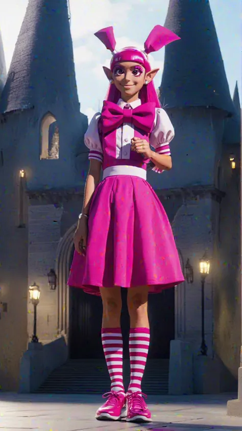 spooky gothic architecture, demon realm, BREAK, <lora:WelcometoDemonSchoolIruma-kun_V1_SDXL:1>, 1girl, professional photograph of Bachiko, bow, bowtie, dress, earrings, full body, grin, hand on hip, jewelry, long hair, looking at viewer, pink bow, pink bowtie, pink dress, pink eyes, pink footwear, pink hair, pointy ears, puffy sleeves, sharp teeth, shoes, short sleeves, smile, solo, standing, straight-on, striped, striped legwear, teeth, transparent background, twintails, BREAK, facing viewer, cinematic composition, Unreal Engine 5, Hyper realism, Hyper detailed, Raytraced, Dynamic Lights and Shadows, Depth, Masterpiece, Award Winning, Intricate Detail, Design, 8k, UHD, Wide Angle Shot, BREAK, Hyper realistic, Volumetric Lighting, surreal lighting, Subsurface Scattering, Photorealistic, best quality, intricate details, tonemapping, sharp focus, hyper detailed, absurdres, highres, magazine photoshoot, BREAK, (((professional wide angle full body photograph))), vivid Colors, <lora:detailed_hands-000002:0.7>,